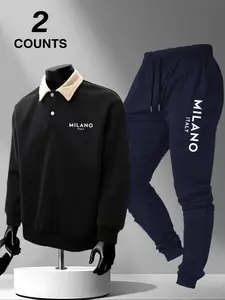 Men's Polo Collar Sweatshirt Set, Autumn Winter Letter Print Fleece Pullover + Drawstring Casual Sport Pants, 2 Pieces Pack