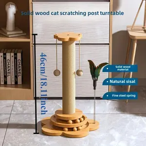 Solid wood cat spinning board and cat scratching post, cat teaser with artificial feathers and interactive ball, cat scratching board, durable cat toys, sisal rope cat climbing frame, cat spinning board