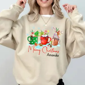 Merry Christmas Personalized Sweatshirt, Cute Peppermint Christmas Party Sweatshirts, Christmas Matching Family, Xmas Pajamas Shirt, Pink Chocolate Milk Iced Latte Snowmen Christmas Crewneck, Custom Name Christmas Gift