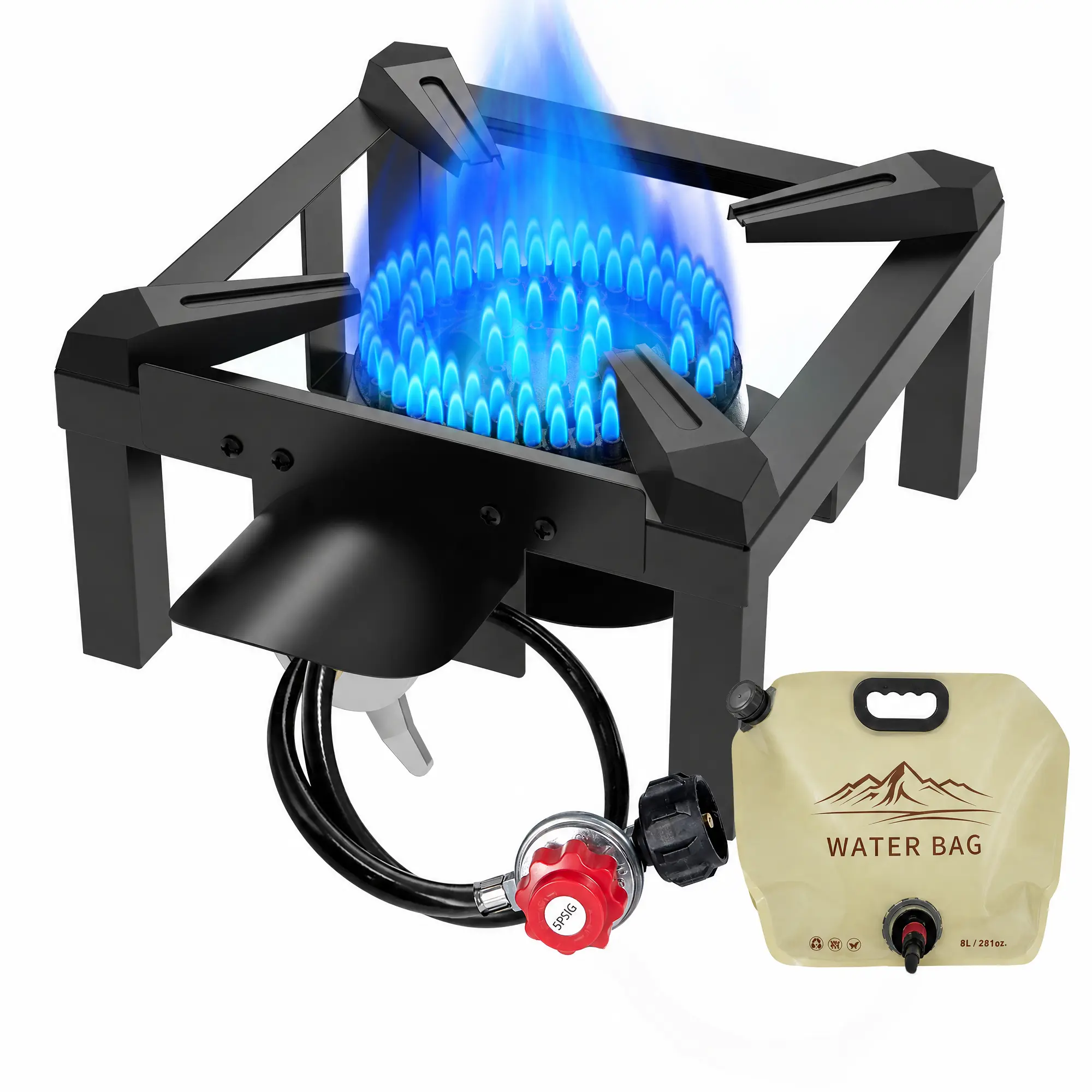 BESTFIRE 10" 100K BTU Propane Burner High Pressure – Outdoor Single Gas Stove with 4.1ft 0-5PSI Adjustable Regulator for Precise Flame Control, with 8L Water Bag – for Turkey Frying, Seafood Boil, Backyard BBQ & Camping patio cooking