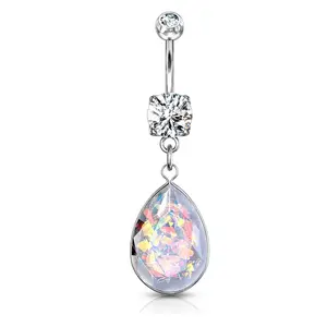 Rainbow Glitter Opalite Stone Belly Ring Silver