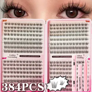384 Piece False Eyelash Extension Kit, High Capacity D Curl Lashes, Curl Cluster Lashes, Includes Adhesive & Sealant, DIY for Daily Use, Parties, Travel Gifts