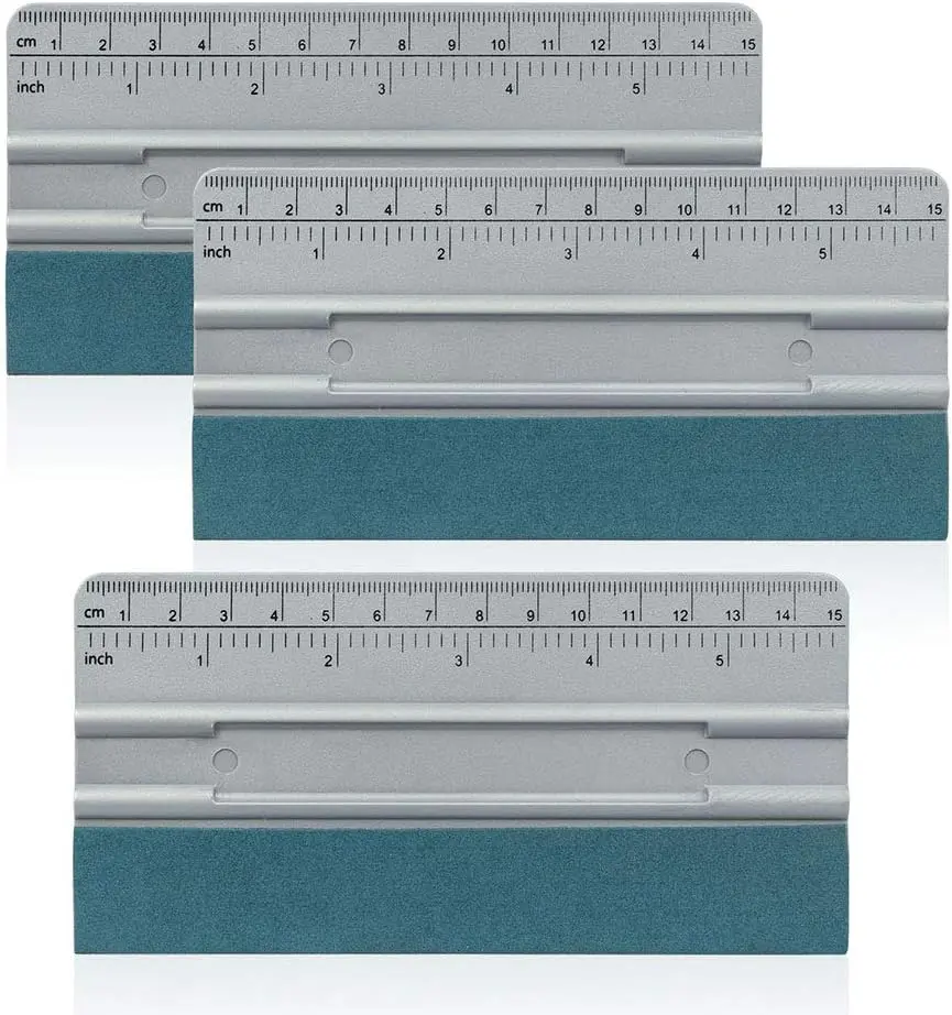 6 Inch Compact Vinyl Wrap Squeege Scraper with Ruler & Fiber Felt Edge - Vinyl Applicator Tool for Decals, Window Film, Wallpaper Installation, Workshop Use (Pack of 3), 3 Count
