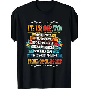 Men's Mental Health Awareness T-Shirt with "It's Okay to Not Be Okay" Slogan - Self-Care & Self-Love Positive Affirmations, Comfortable Casual Fit Short Sleeve Round Neck Tee, S-3XL Sizes for, Support Groups & Casual Attire, PLUS SIZE