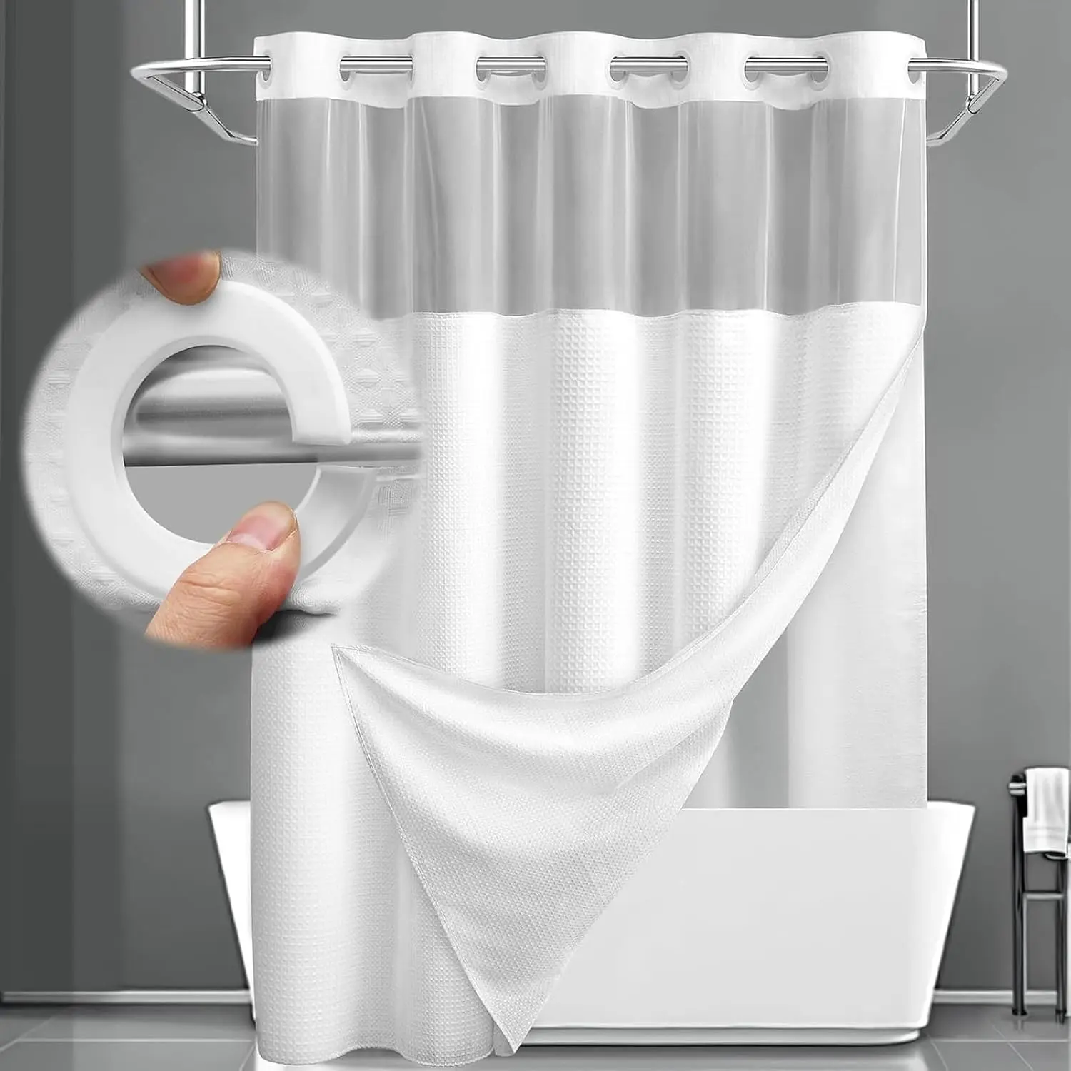 No Hook Shower Curtain and Liner Set,White Hotel Waffle Shower Curtain with Liner 75" L x 72" W