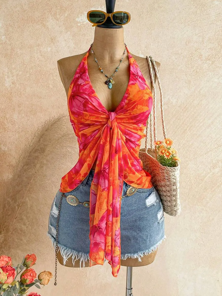 Plus Size Women's Floral Print Pleated Halter Neck Tie Top, Fashionable Versatile For Dating And Outings