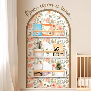 Flower Arch Wall Decals with Wooden Book Shelves Once Upon a Time Sign Decals Peel Bedroom Reading Corner Decor Hanging Decor for Family Wall Bookshelf Bedroom Living Room