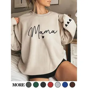 Women's Cartoon Mama Letter & Heart Print Pullover Sweatshirt, Casual Long Sleeve Crew Neck Pullover for Fall & Winter, Women's Clothes for Daily Wear