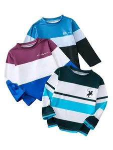 Boys' Colorblock Striped Long Sleeve T-Shirts, Casual Fashion for School & Outdoor Sports, Perfect Holiday Gift, New 2026 Design