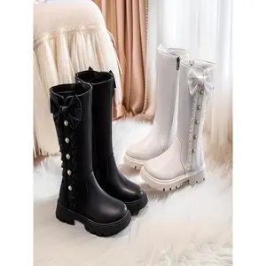"Sweet Ruffle Bow Girls’ Knee-High Boots |   Shiny Pearl Decor Platform Sole |   Cute Black/White Leather Boots Kids Party/Casual"