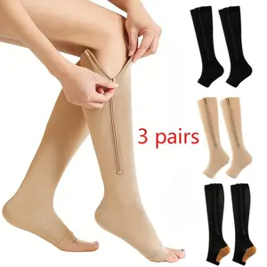 3 Pairs Zip Compression Socks Open Toe Non Slip Grip Athletic Running Calf High Breathable for Men Women Workout Fitness Gym Training