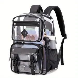 Transparent Backpack Casual Large Capacity Multi-Pocket Clear Bag Women's Shoulder Bag PVC Transparent Student Office Laptop Bag