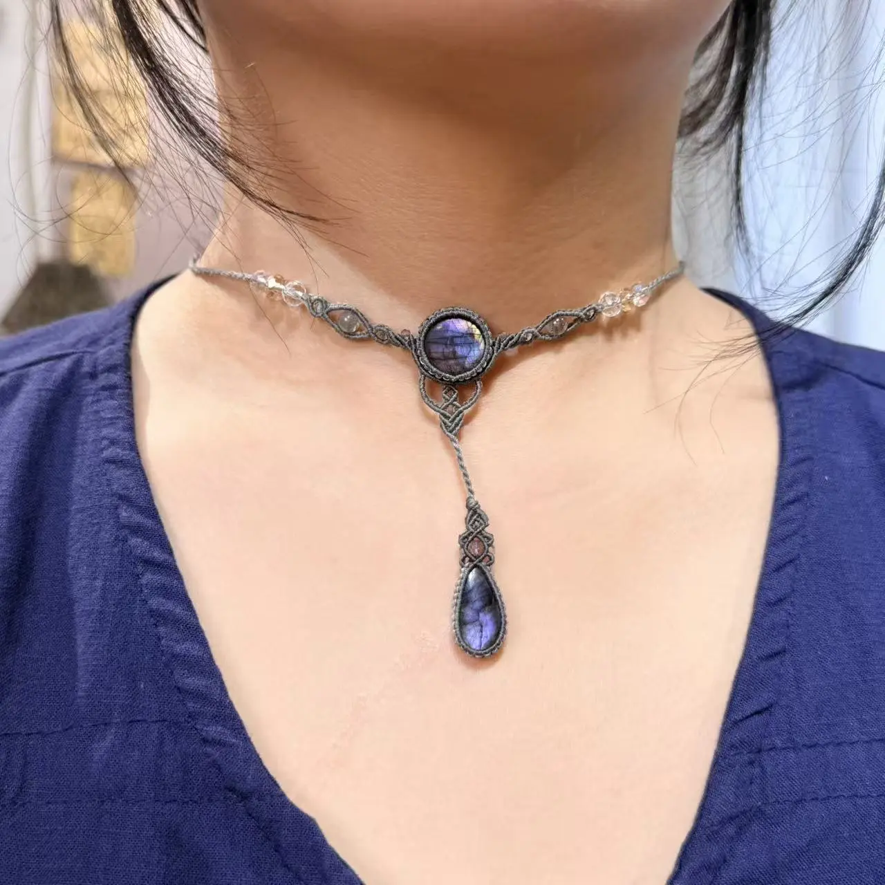 Labradorite Necklace Macrame Handcrafted Unique Gift Boho Ethnic Minimalist Jewelry Stone of Magic Made to Order