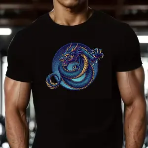 Blue Gold Chinese Dragon Circle Traditional Asian Dragon Tattoo Style Cotton Graphic Tshirt for Men - Fitted Crew Neck Short Sleeve Summer Top - Menswear