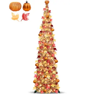 5 FT Fall Tree Fall Decor, Pop Up Tinsel Maples Tree with 50 Warm White Lights Orange Pumpkins Battery Operated Lighted Halloween Tree Fall Decorations for Home Harvest Thanksgiving Party Indoor