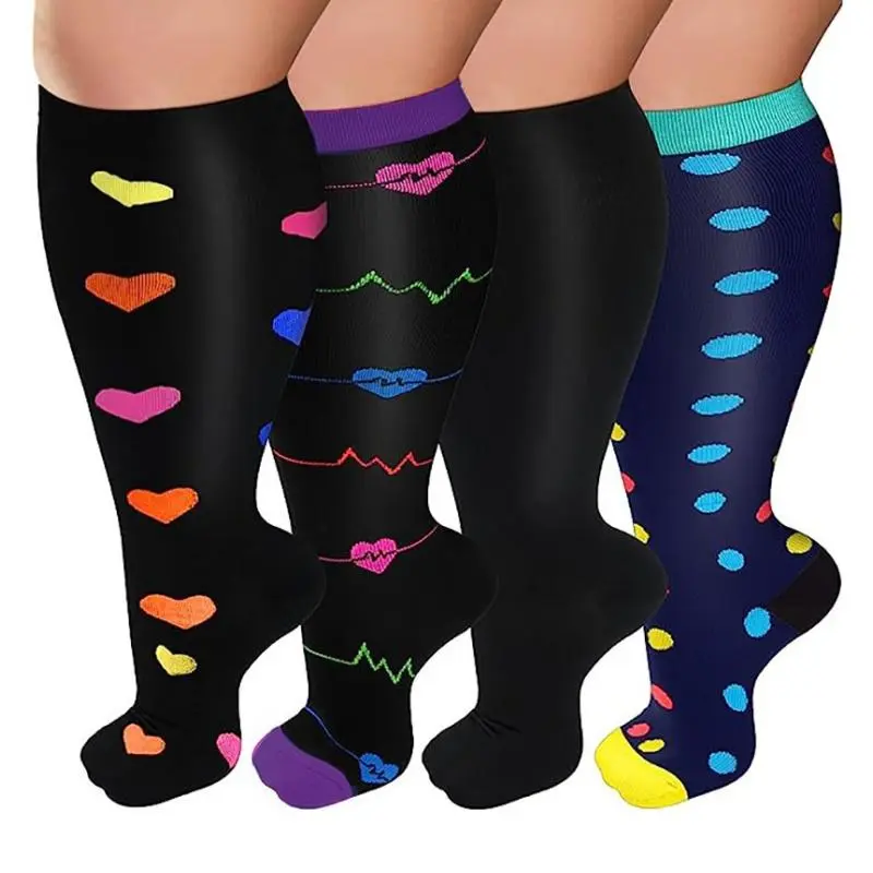 Compression Socks, 4 Pairs Colorful Comfy Breathable Compression Athletic Socks for Women & Men, Extra Wide Calf Socks, Sports Socks for Running, Hiking, Workout Socks