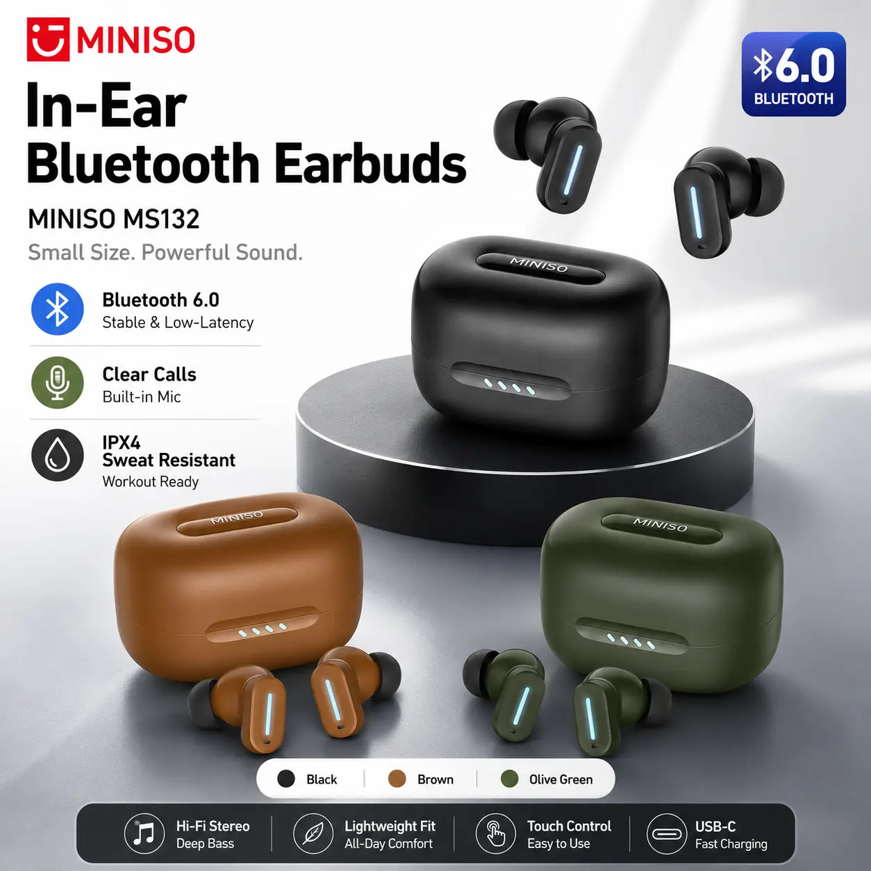 MINISO MS132 Wireless Earbuds Bluetooth 6.0Earphones, In Ear Earbuds,Waterproof Wireless Earphones,Suitable for Office, Sports, Study and Audio Calls, Built inMicrophone, Gaming Bluetooth Headphones in-ear design