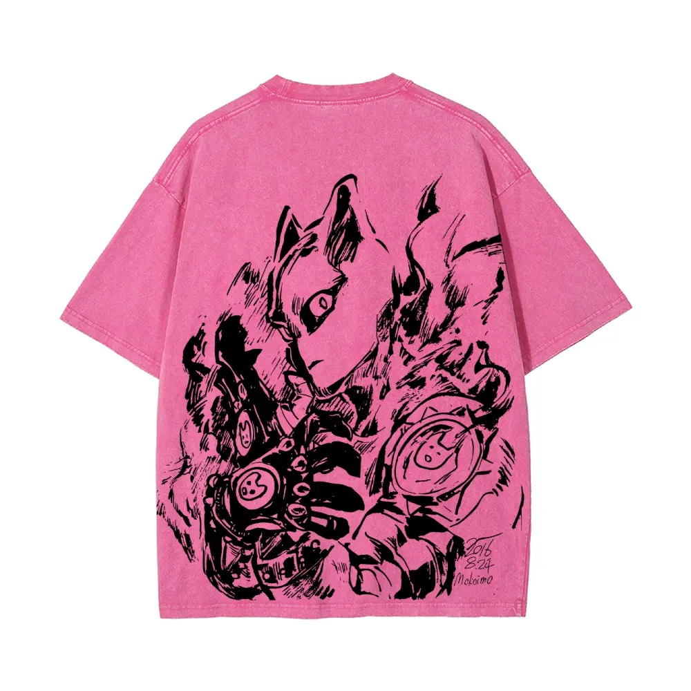 JoJo's Bizarre Adventure "Killer Queen" sketch-style themed washed T-shirt-Short Sleeve Cotton Unisex Retro wash Tee