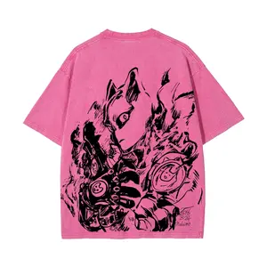 JoJo's Bizarre Adventure "Killer Queen" sketch-style themed washed T-shirt-Short Sleeve Cotton Unisex Retro wash Tee