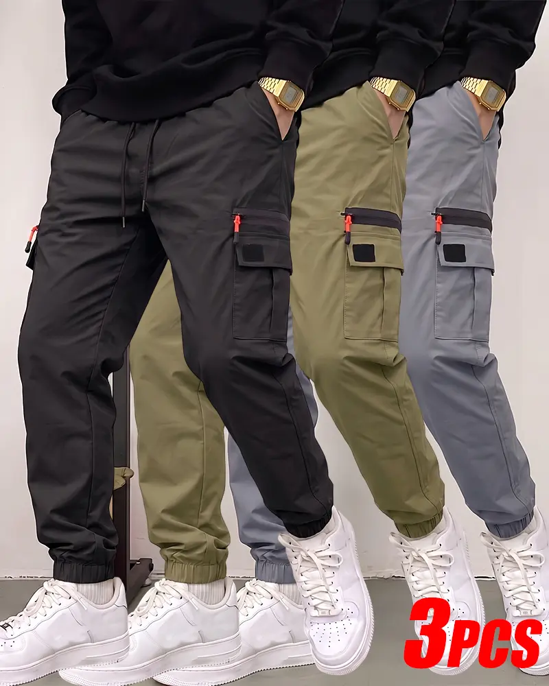 3-PCS Men's Jogger Cargo Pants, Elastic Drawstring Waist, Side Zip Flap Cargo Pockets With Orange Zipper Pull, Elastic Cuff Ankle, Light Smooth Solid Casual Bottoms Value Pack