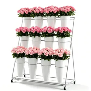 12 Bucket Flower Display Stand, 3 Tier Rolling Flower Cart, White Metal Floral Rack with Wheels, Flower Shop Display, Florist Stand, Plant Display Shelf for Garden, Patio & Events