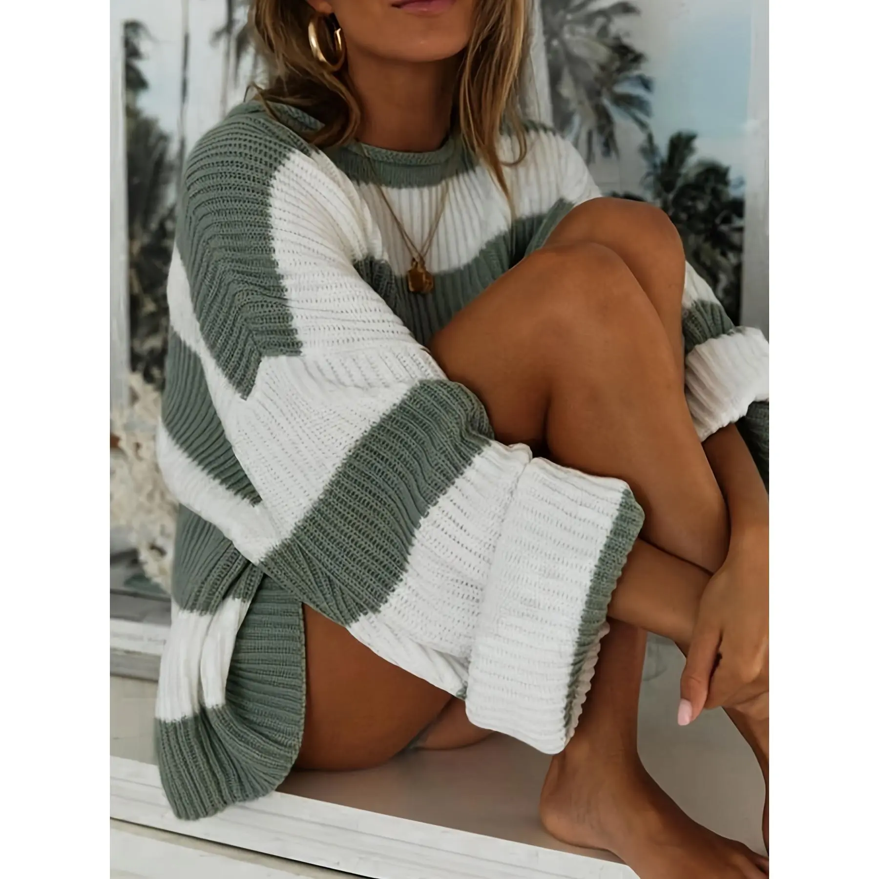 Women'S Casual Acrylic Pullover Sweater, Rib-Knit Crew Neck, Long Sleeve, Drop Shoulder, Loose Fit, Solid Color, All Season Knit Fabric Top
