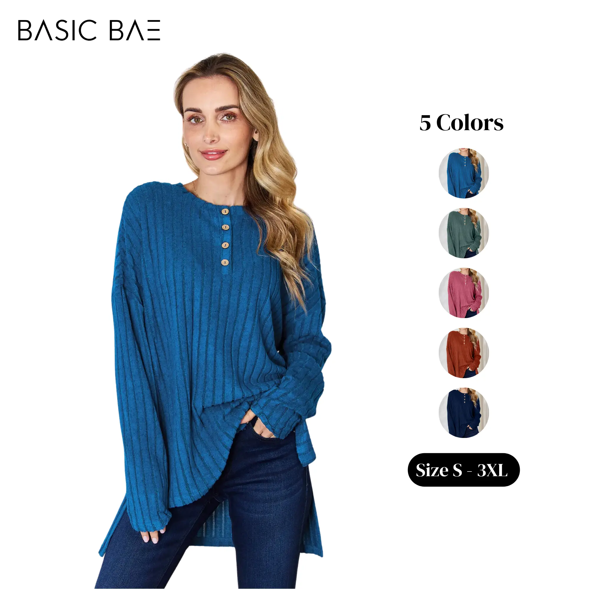 Basic Bae Full Size Ribbed Half Button Long Sleeve High-Low T-Shirt Top Womenswear Knitwear Stretchy Underwear Women Lady Comfort Tshirt