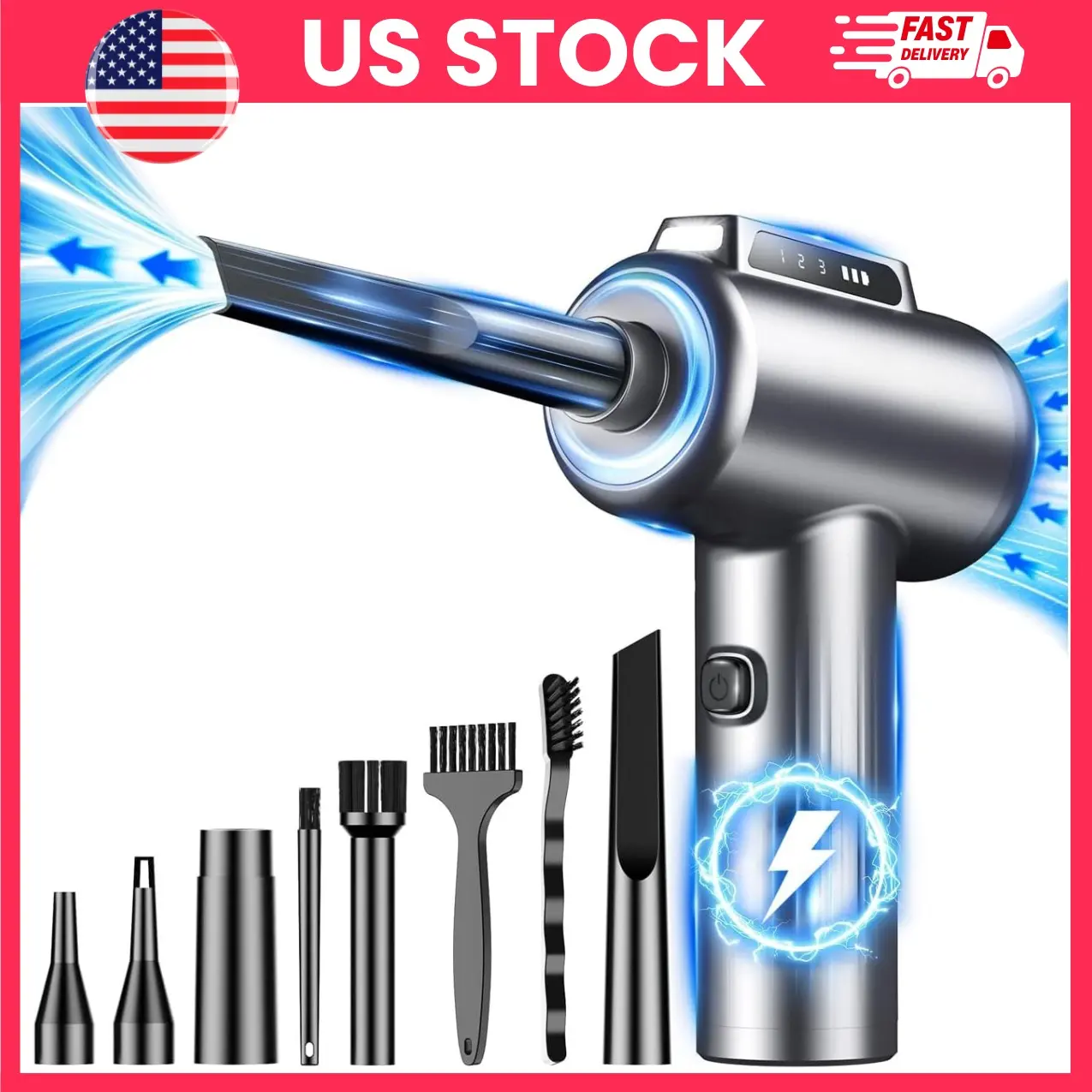 Cordless Adjustable Air Duster and Vacuum, Compressed Air Duster 110000RPM Electric Air Blower, Rechargeable Cordless Dust Cleaner with LED Light, 3-Speed Air Duster, Keyboard Cleaner for PC Laptop Car PS5 Home Office Electronics Cleaning Kit