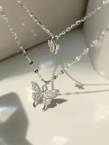 Double Layer Butterfly Necklace, Rhinestone Decorated, Women's Gift Choice, Clavicle Chain, Fashion Versatile Daily Accessory, Elegant Rhinestone Necklace, Exquisite Chain Jewelry