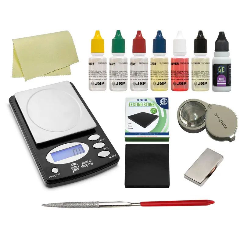 GTE Gold, Silver, Platinum Testing Kit with 1000g x 0.01g Digital Scale - 6 Multi-Modes, Acid, 0.5 oz Capacity, 30x Magnifying Loupe, Pennyweight/Troy Ounces Compatibility, 2''x2'' Stone, Battery Saving Auto-Off, Business Use