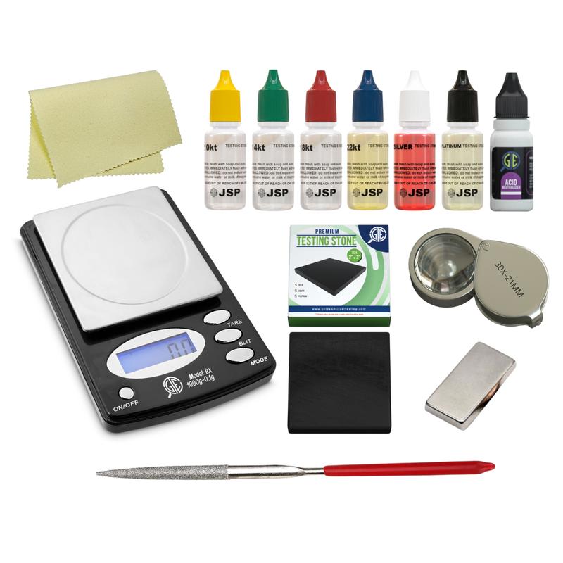 GTE Gold Silver Platinum Jewelry Testing Kit with Digital 1000g x .01g Scale for Scrap Value Authentication & 6 Weighing Modes