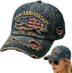 USA 250th Anniversary Hat 1776-2026 - Embroidered Distressed Denim Cap - Vintage Ripped Flag Patriotic American Gift Casual Baseball Cap for Men & Women (Blue)
