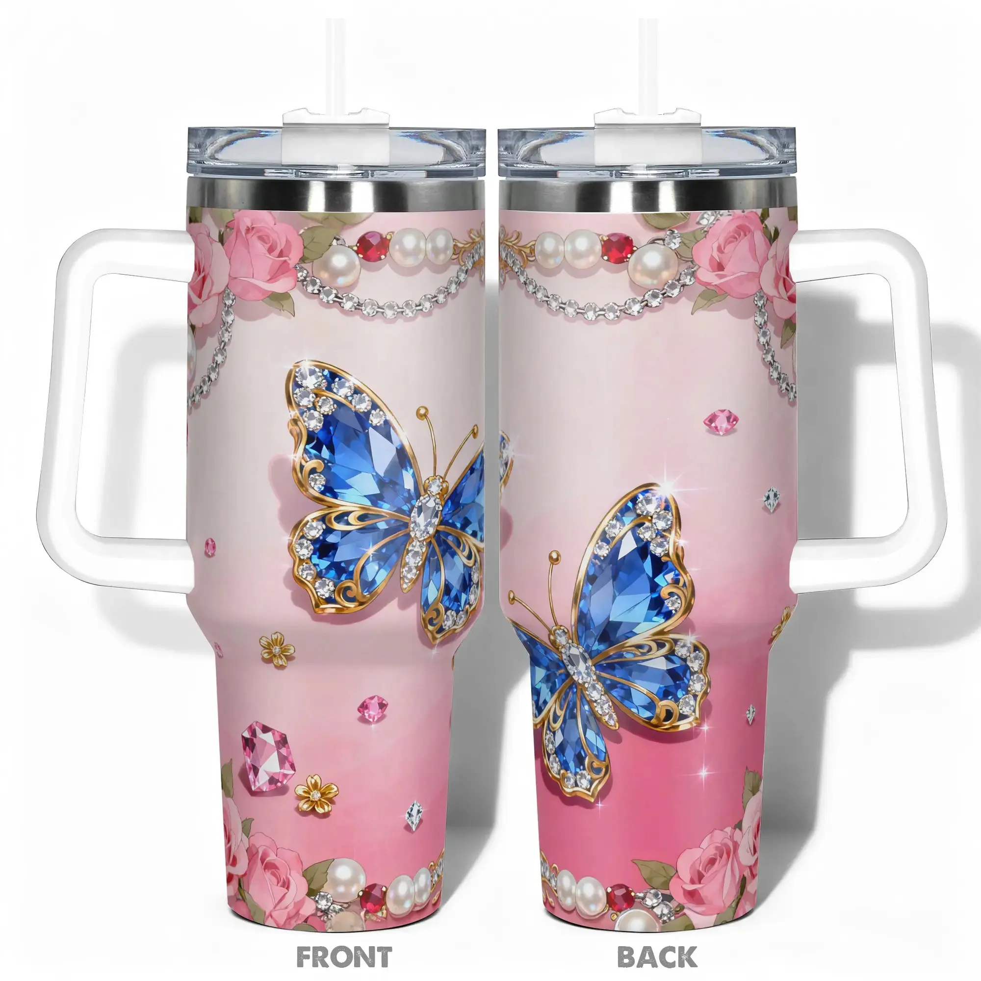 1pc, 40oz Stainless Steel Cup Insulated Water Cup Blue Gem Butterfly & Rose Adorned Double Wall Vacuum Insulated Cup, Leakproof Lid & Carry Handle Travel Mug Insulated Tumbler for Outdoor Camping Hiking, Gift for Dad
