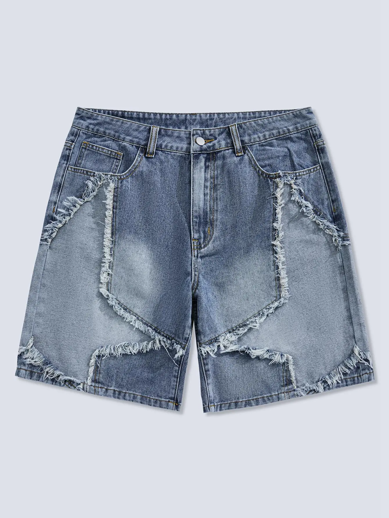 DealsForYouDays Frayed Hem Star Spring To Summer Pattern Wide Leg Jorts Denim Shorts with Pocket