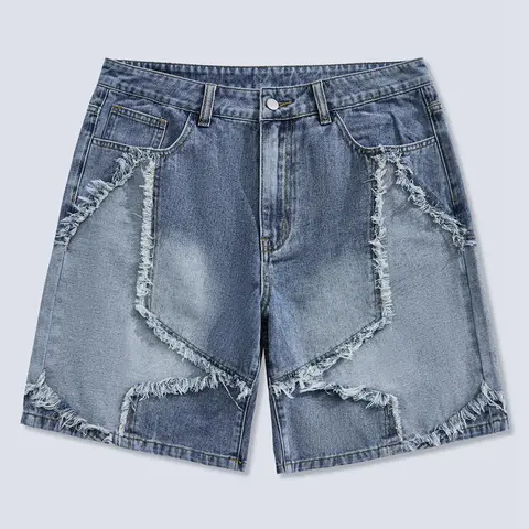 Frayed Hem Star Spring To Summer Pattern Wide Leg Jorts Denim Shorts with Pocket