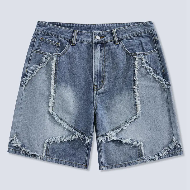 Frayed Hem Star Spring To Summer Pattern Wide Leg Jorts Denim Shorts with Pocket