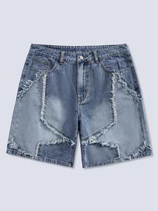DealsForYouDays Frayed Hem Star Spring To Summer Pattern Wide Leg Jorts Denim Shorts with Pocket