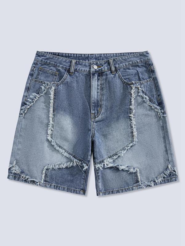 Frayed Hem Star Spring To Summer Pattern Wide Leg Jorts Denim Shorts with Pocket