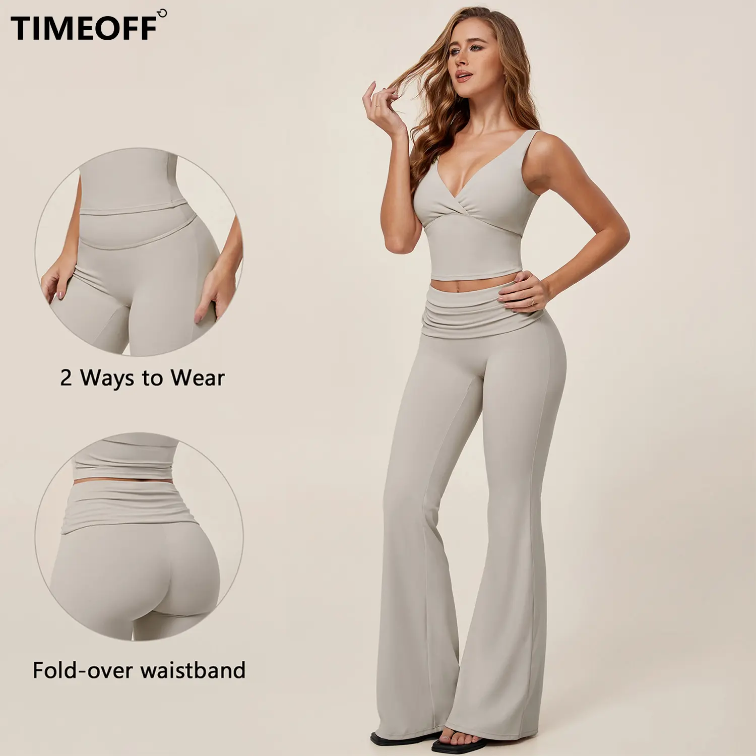 TIMEOFF Women's 2 Piece Stretchy Workout Set - V-Neck Twist-Front Wrap Crop Top & Fold-Over Waist Flare Leggings for Yoga & Pilates, Outfits, Comfy Pants, Fold Over Leggings, Activewear Finds