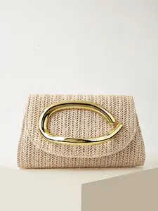 Women's Woven Handbag with Lid, Fashion Handle, Detachable Strap, Simple Solid Color, Wedding Party Event Bag, Beach Holiday Essential