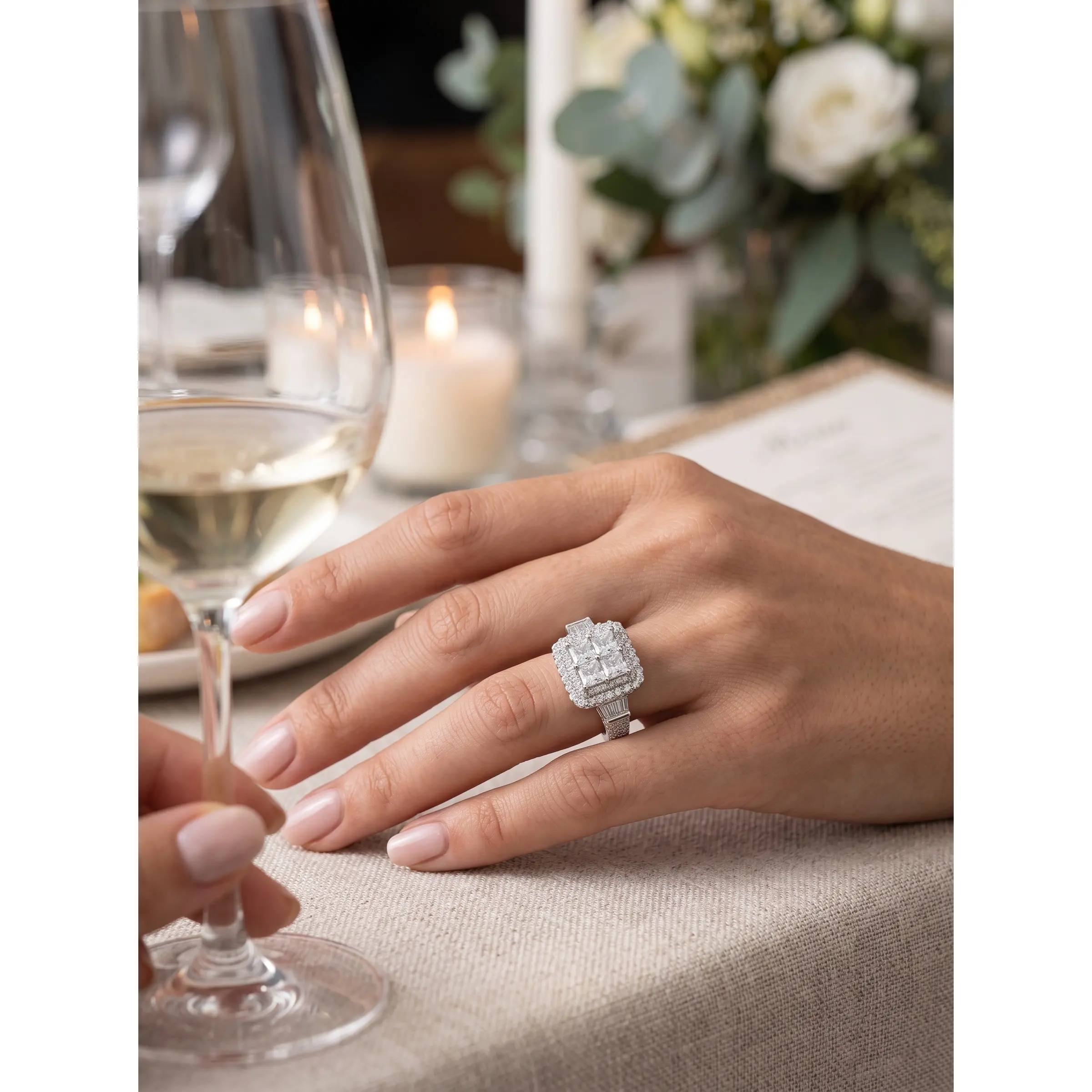 S925 Sterling Silver Princess Cut Halo Ring – Size 10 | Sparkling Statement Engagement Ring | Gift Box Included 043