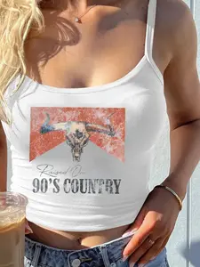 Women's Tank Top, Lightweight Thin Strap Sleeveless Crop Top, Western Retro Style Print, Fitted Design, Perfect for Spring & Summer Fashion