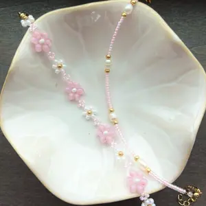 Pink Beaded Bracelet Set, Beaded Pearl Bracelet Set, Pink Daisy Bracelet