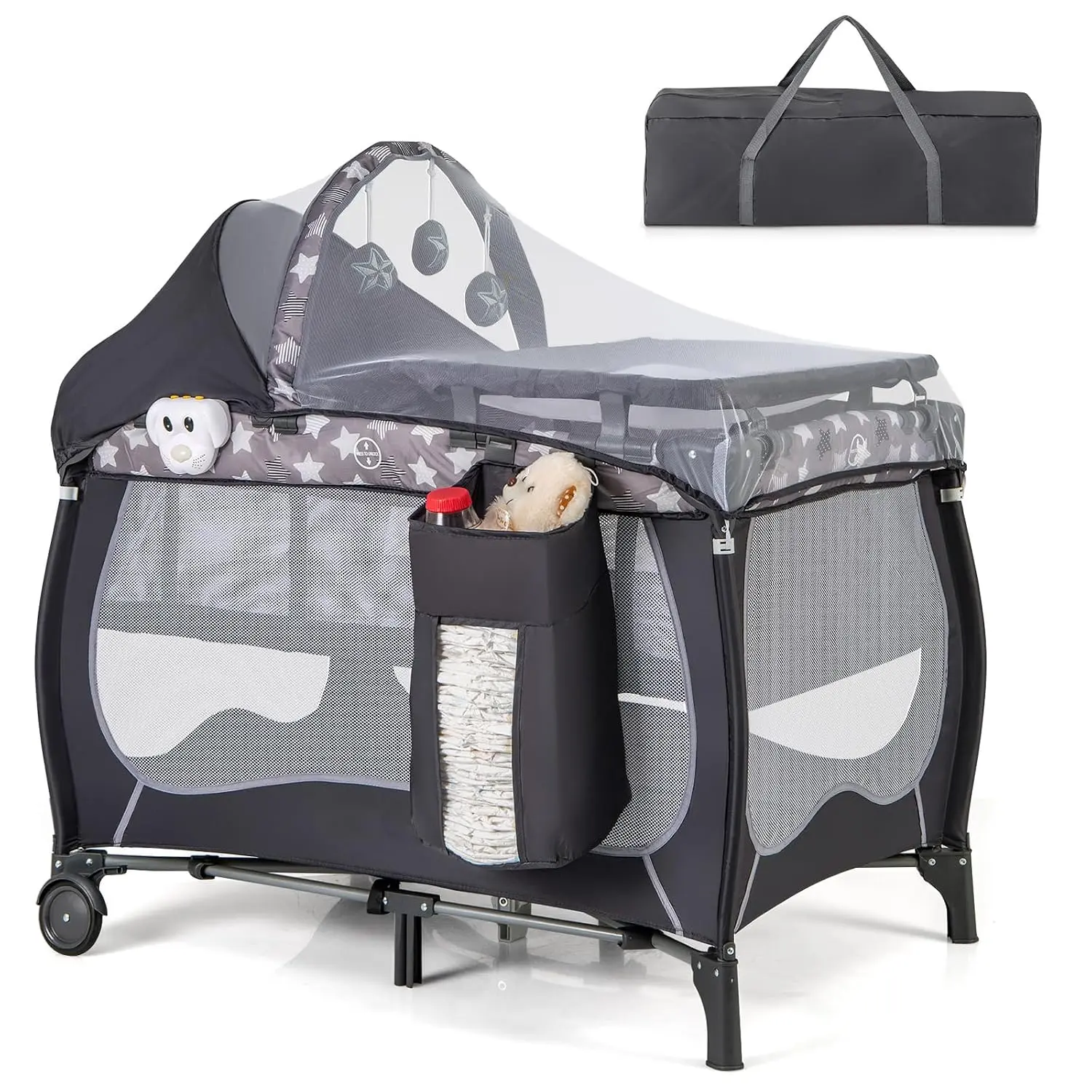 Costzon 4 in 1 Pack and Play, Portable Baby Playard with Bassinet, Adjustable Canopy, Changing Table, Lockable Wheels, Music Box, Travel Baby Crib Bassinet from Newborn to Toddler