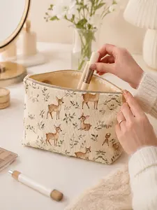 Cute Forest Deer Cosmetic Bag Lightweight Corduroy Makeup Organizer Portable Toiletry Pouch Travel Beauty Storage Bag for Women Girls Skincare Accessories Vacation Essentials Birthday Christmas Halloween Gift for Girlfriend Wife Mom