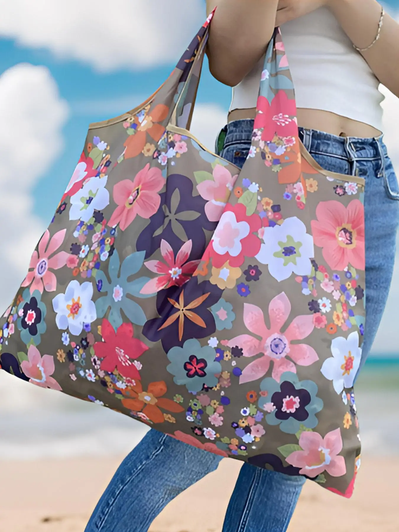 Floral Pattern Tote Bag, Summer 2024 Large Capacity All Over Print Shopping Bag for Women & Men, Casual Trendy Versatile High-quality Daily Commuting