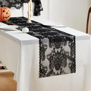 Skull Pattern Lace Table Runner, 1 Count Tablecloth, Table Decoration Supplies for Home Kitchen Dining Room, Halloween