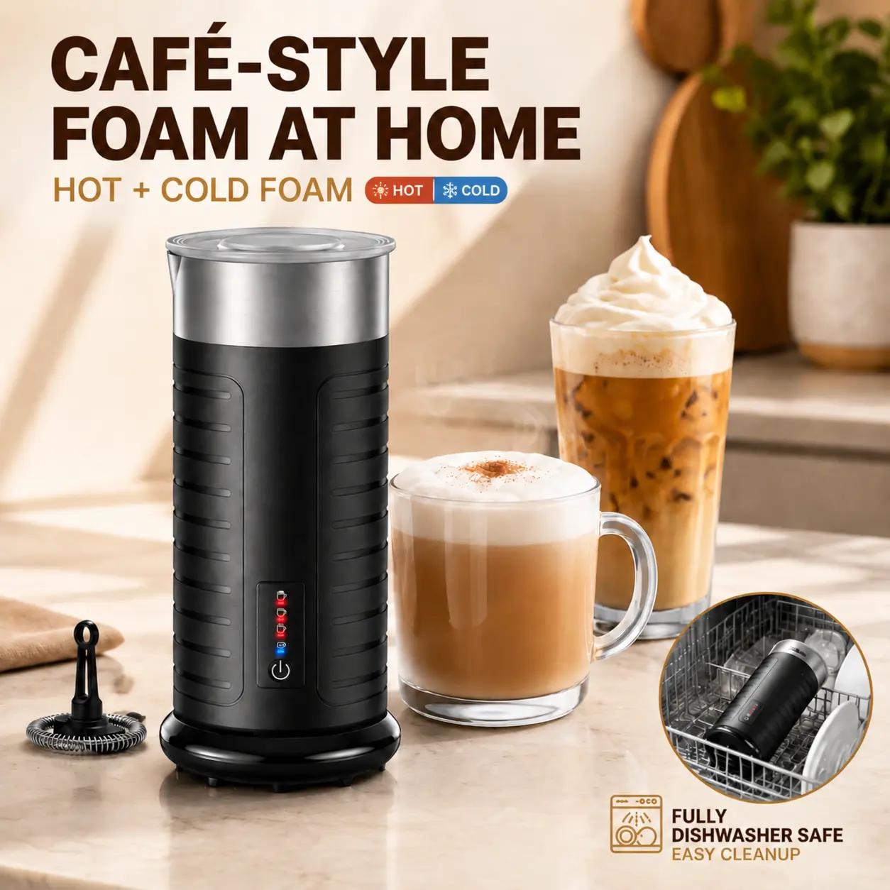 PARIS RHÔNE 4-in-1 Milk Frother, Dishwasher Safe Electric Milk Steamer with Hot & Cold Foam, One-Touch Automatic Frother for Latte, Cappuccino & Coffee
