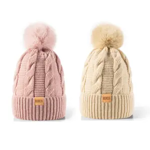 2PC Women’s Casual Winter Beanie, Knitted Pom Pom Hat with Soft Inner Fleece Thick Knitted Winter Cap