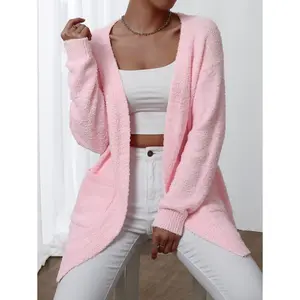 Women's Spring/Autumn Casual V-Neck Cardigan With Pockets, Regular Fit, Solid Light Pink Color, Long Sleeve Top For Everyday Wear
